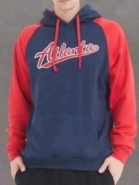 Atlanta Script Hooded Pullover Sweatshirt - Navy & Red. NWOT